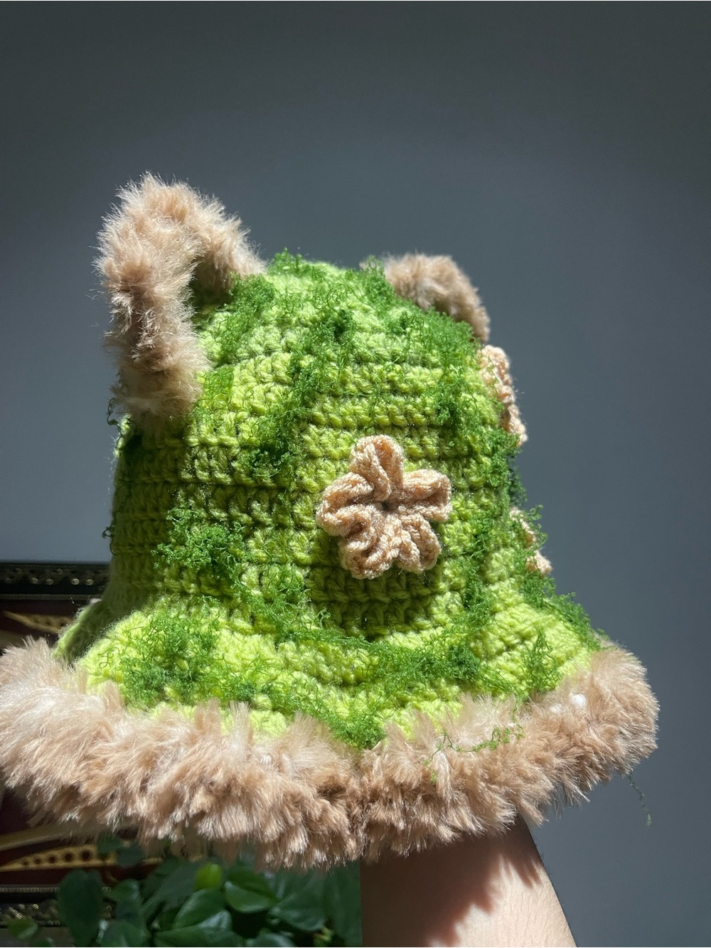 Handmade Green Crochet Bear Bucket Hat with Brown Faux Fur Trim and Flowers - Picture 3 of 3